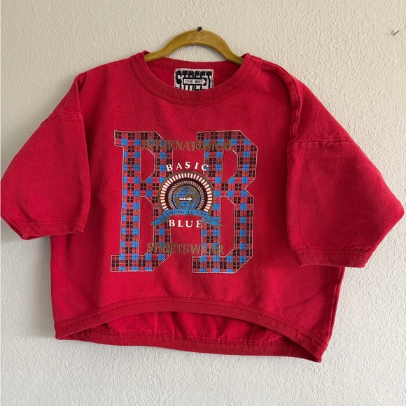 One Way Street Tops - VTG 90s L/XL One Way Street Boxy CroppedSweatshirt Red Plaid Graphic Made in USA